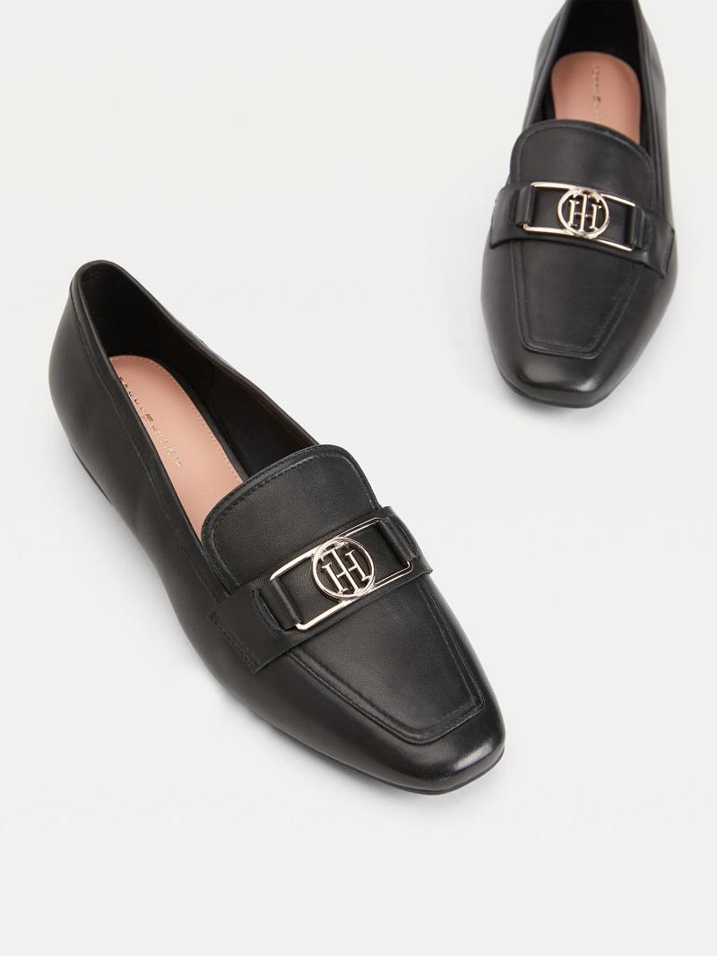 Női Tommy Hilfiger TH Bőr Loafer Alkalmi Cipő Fekete | HU 598DFM